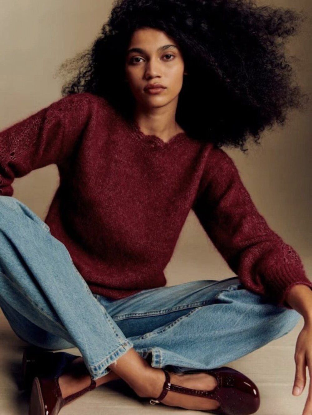 Like New Sezane Stacy Mohair Wool Crochet Detail Sweater Burgundy Large